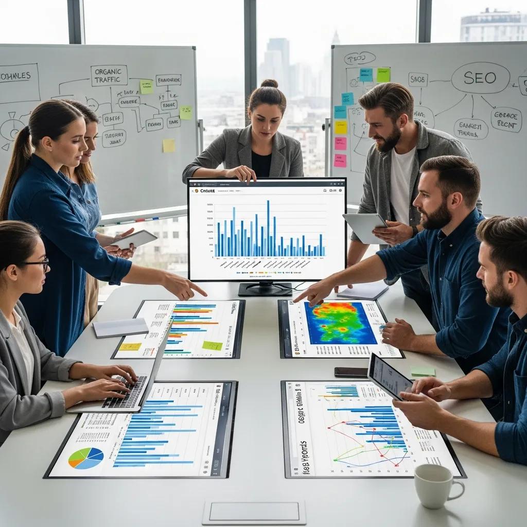 SEO specialists conducting a website audit in a modern office