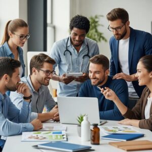 Diverse health and wellness professionals collaborating on SEO strategies in a modern office