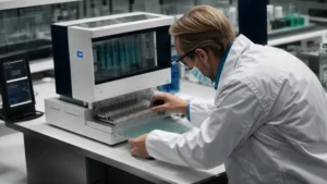 a scientist in a lab coat inserts a sample into a dna sequencing machine.