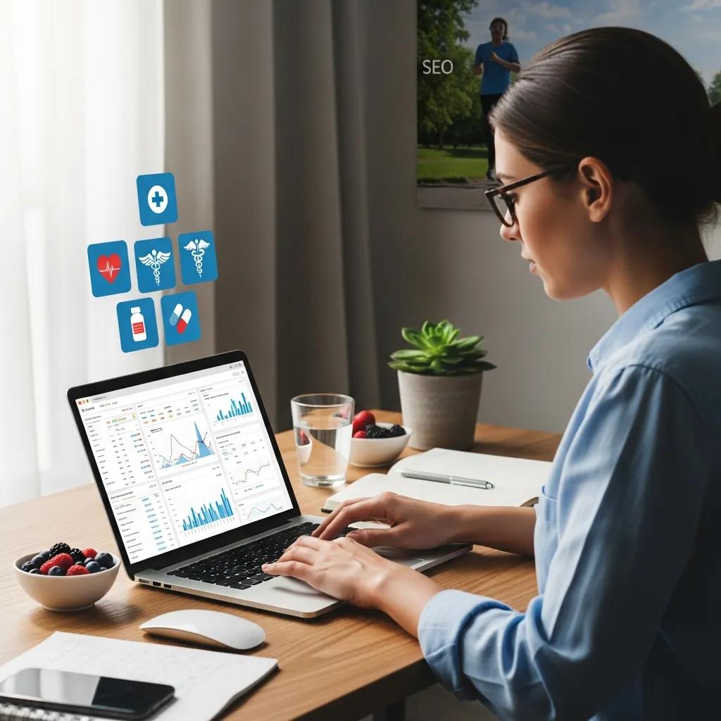 Digital marketing professional analyzing SEO data with health and wellness visuals
