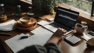 a woman sits at a kitchen table with a laptop, calculator, and financial documents spread out before her.